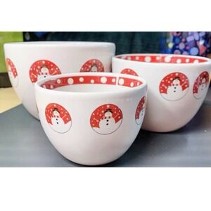 Vtg Century Snowman Christmas Nesting Mixing Bowl Set of 3 Red White Polka Dot‎